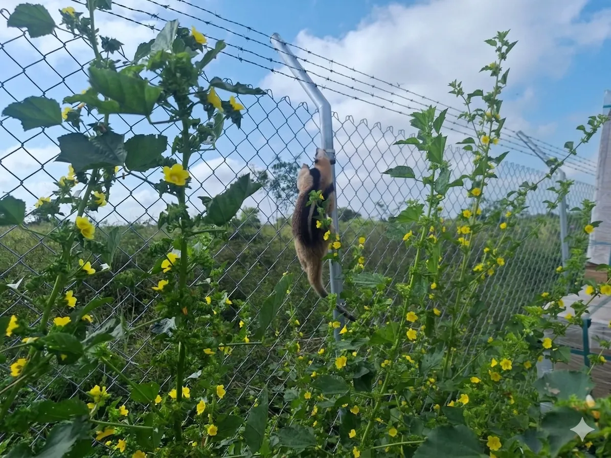 Un oso melero o tamandúa trepando por una cerca de malla eslabonada rodeada de plantas con flores amarillas en una minigranja de Solé.